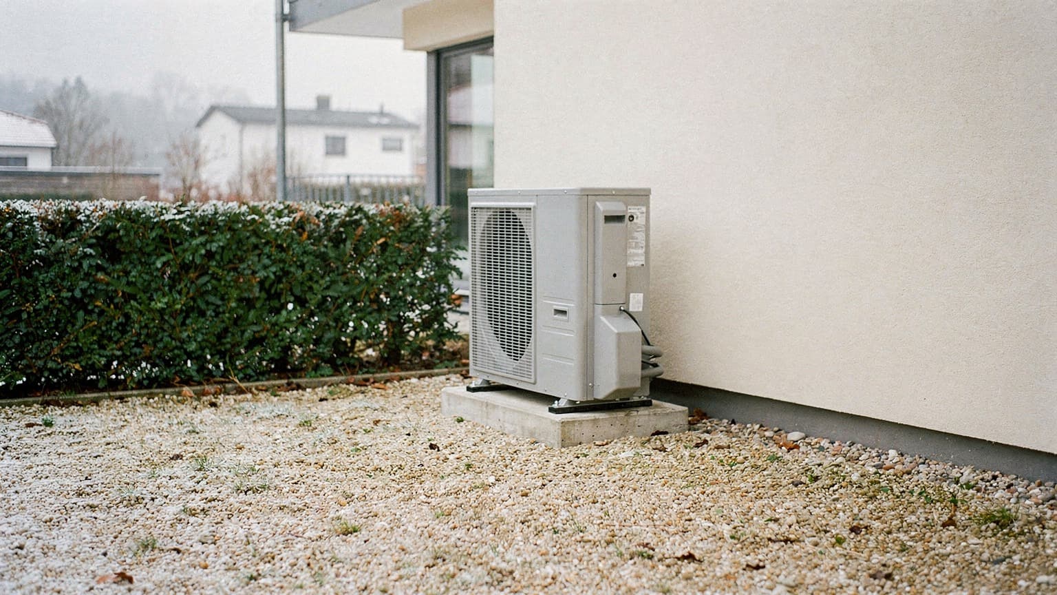 Aussengeraet einer Luft-Waerme-Pumpe auf einem Betonsockel an der Wand eines Mehrfamilienhauses, dahinter eine Hecke bei winterlichem Wetter